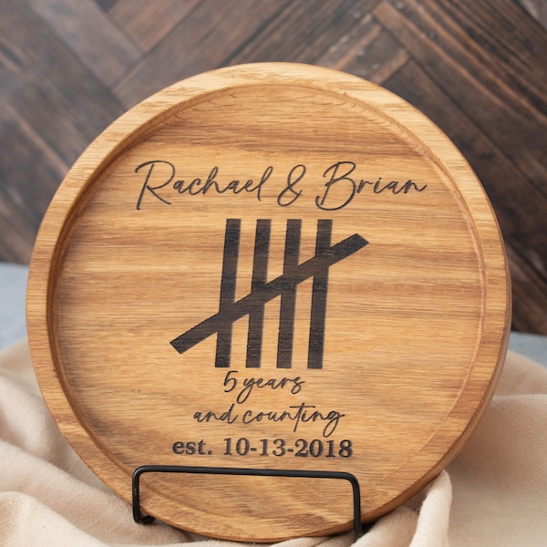 Custom Engraved Wood Tray - Unique 5th Wooden Anniversary Gift - Personalized Round Catchall Tray - Keepsake organizer for Keys, Jewelry