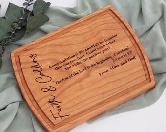 Personalized Wedding Cutting Board for Couple, Christian Gift from Parents, Engraved Cherry Board with Names & Bible Verse