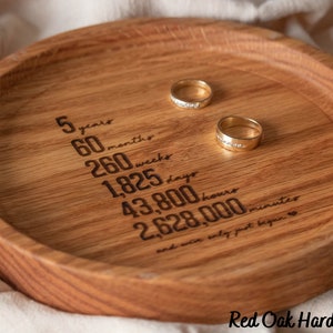 May include: A wooden ring dish with the inscription "5 years, 60 months, 260 weeks, 1,825 days, 43,800 hours, 2,628,000 minutes, and our story just begun." Two gold rings are placed on the dish.