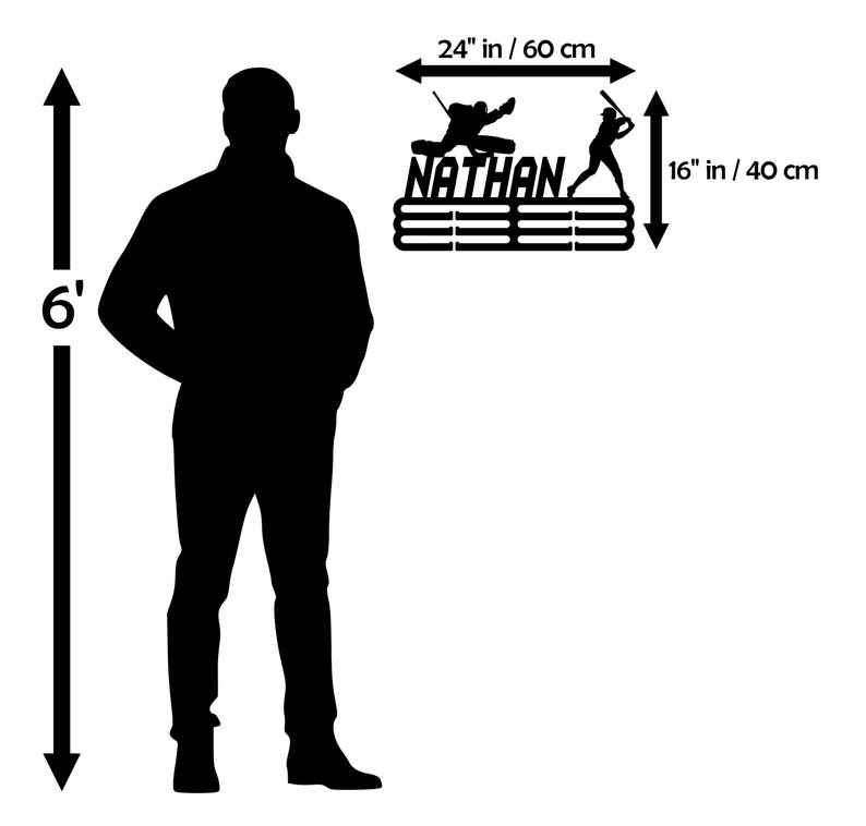 May include: Black metal sports medal display, 60 cm wide and 40 cm tall, with the name "NATHAN" and silhouettes of a hockey player and a baseball player. Features horizontal bars for displaying medals.