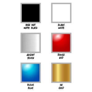 May include: A graphic showing six colour swatches: matte black, white, silver, red, blue, and gold. Each swatch is in a square with a grey border, and labelled with the colour name in both English and French.