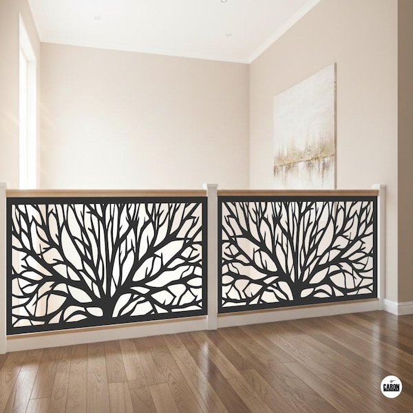 Laser-cut aluminum railing – Tree A model | Modern stair railing and custom-made exterior privacy panel