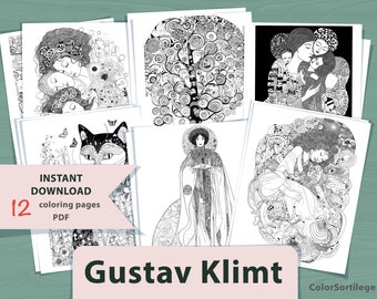12 Gustav Klimt Inspired Coloring Pages | 12 page PDF | Printable Digital Download