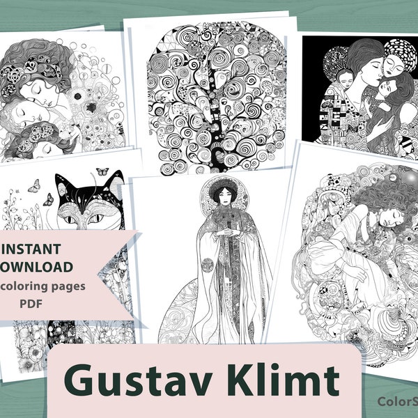 12 Gustav Klimt Inspired Coloring Pages | 12 page PDF | Printable Digital Download