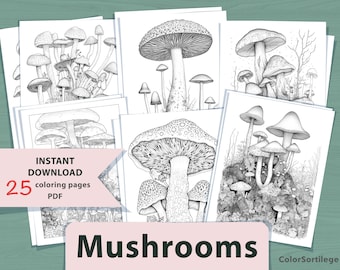 Mushroom Coloring Pages for Adults | 25 Page Classic Illustrations (PDF Pattern)