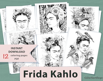 12 Frida Kahlo Inspired Coloring Pages | 12 page PDF | Printable Digital Download
