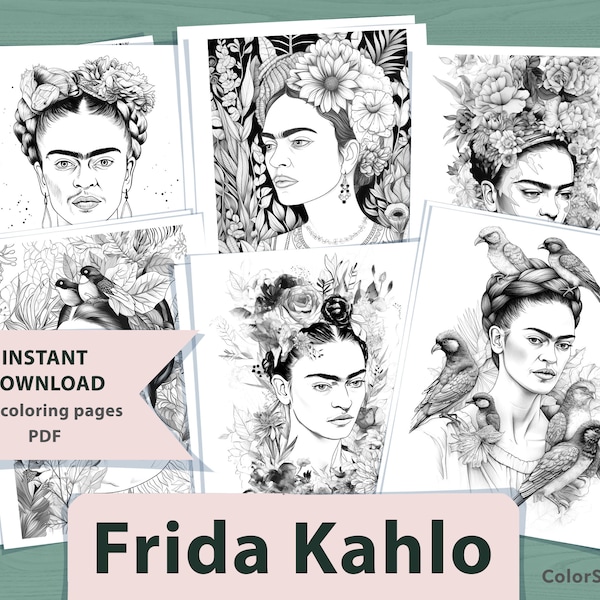 12 Frida Kahlo Inspired Coloring Pages | 12 page PDF | Printable Digital Download