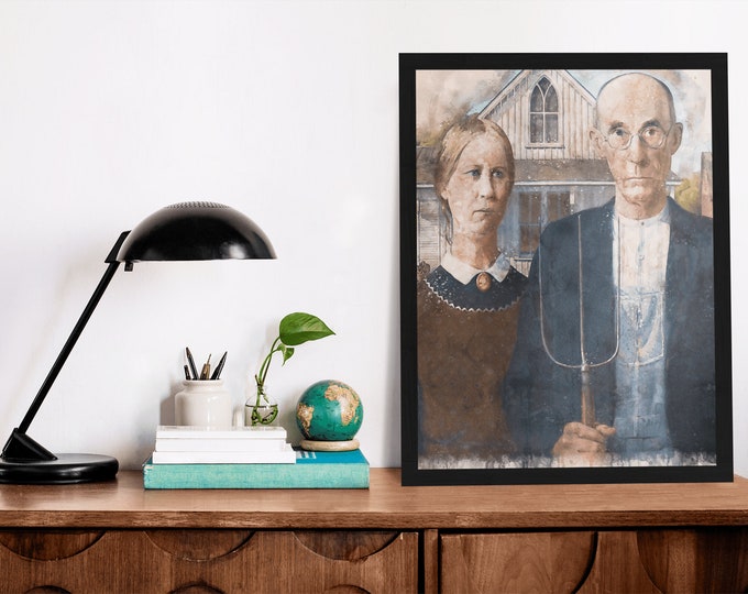 Featured listing image: Vintage Art Classic American Gothic By Grant Wood in Watercolor Original Instant Download for Posters