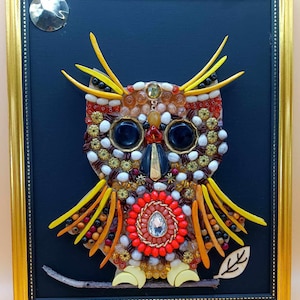 Jeweled Owl Wall Hanging (framed), Jewelry Art, One of a Kind, Handmade