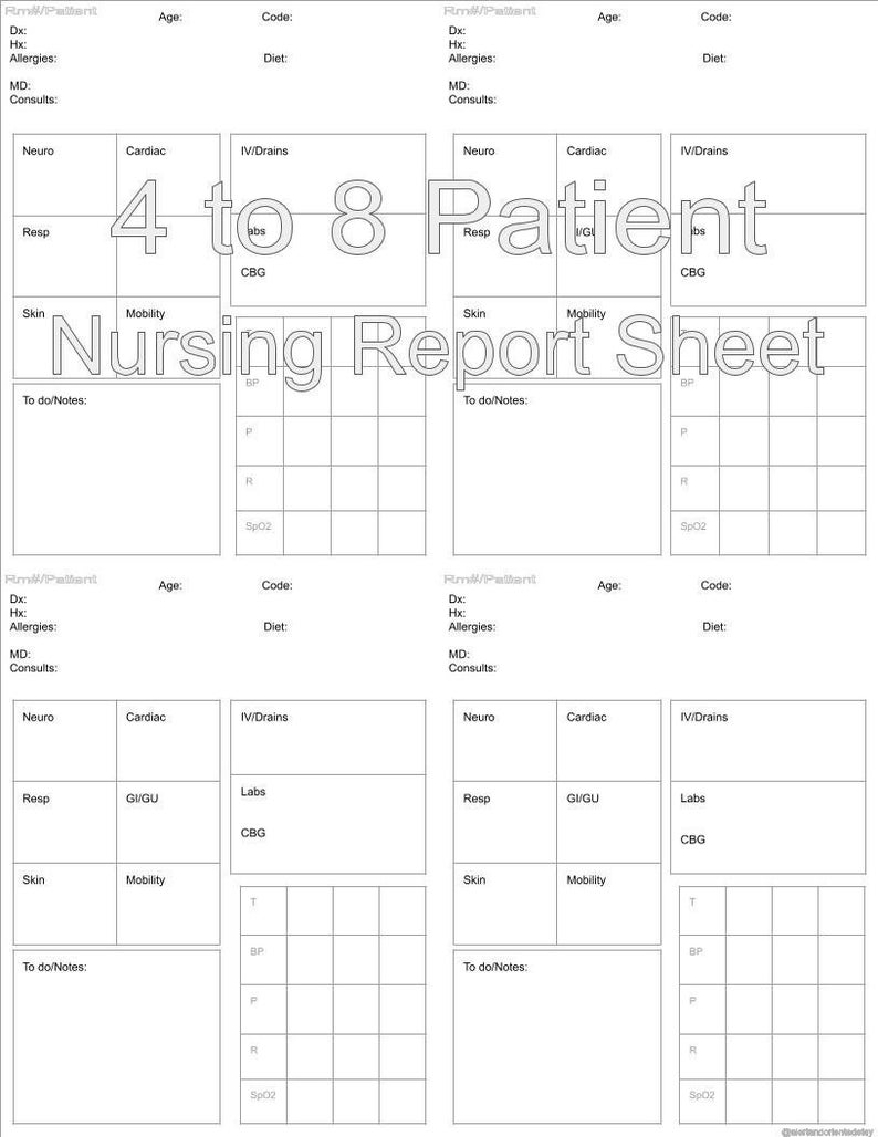 4 to 8 Patient Nursing Report Sheet Etsy
