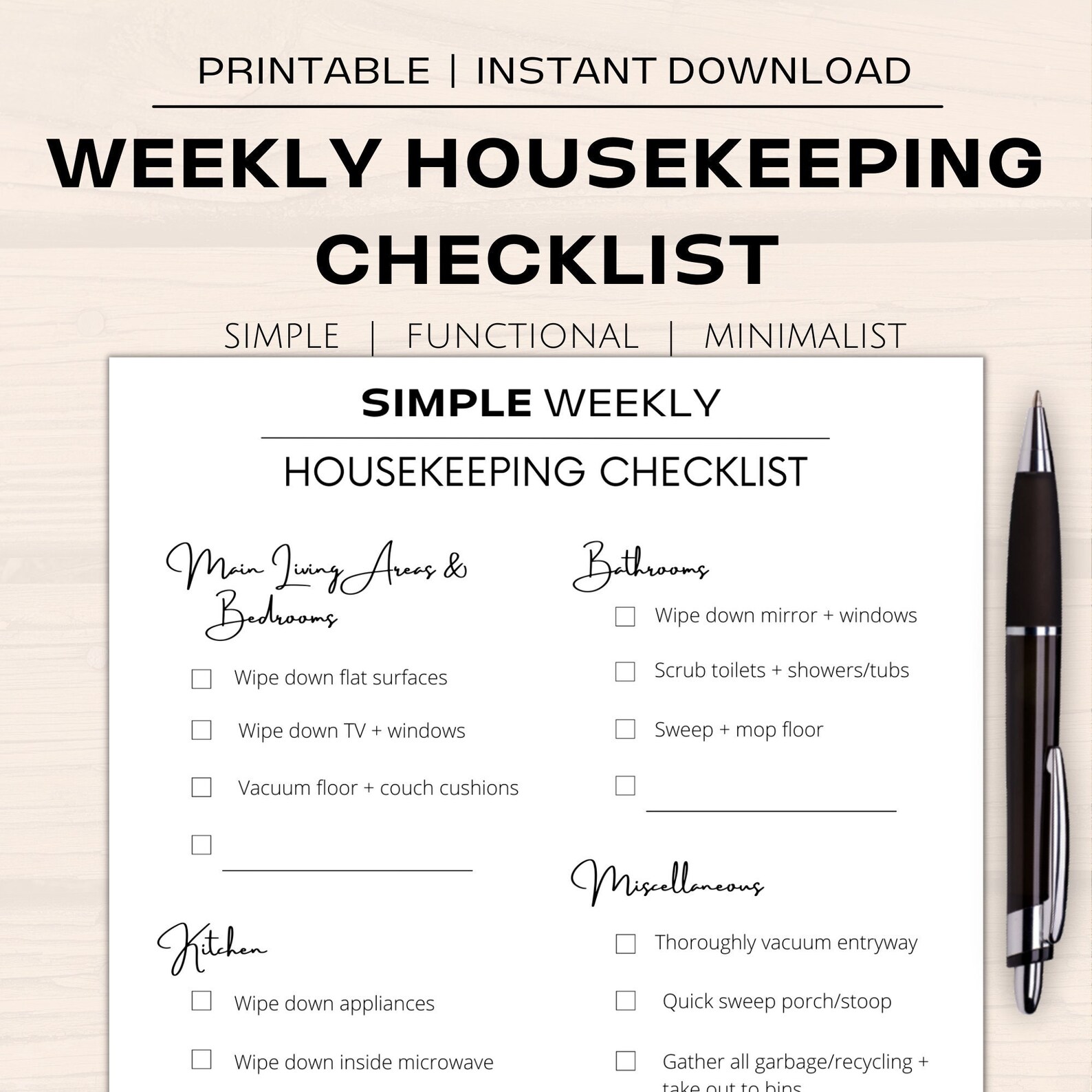 Simple Weekly Housekeeping Checklist Printable Planner Page Etsy