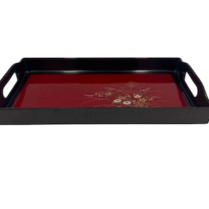 Vintage Japanese Lacquer Serving Tray: Red, Black & Gold Floral MCM Decor