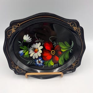 Hand-Painted Tole Tray: Floral Folk Art - USSR Vintage Serverware