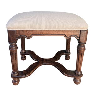 Vintage Oak Footstool Upholstered Vanity Bench Ottoman Knob Creek Carved Wood