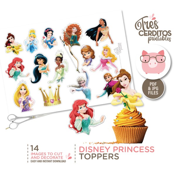 Printable Princess cupcake toppers, digital download, Princess cupcakes files, pdf jpg printable princess toppers, INSTANT download