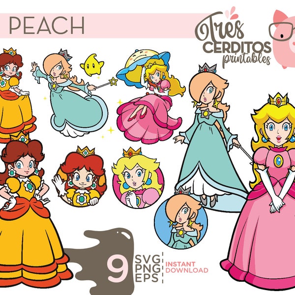9 Princess Peach, Rosalina, Daisy SVG, PNG, EPS, idéal pour le timbre, la sublimation, les fichiers svg Princess Peach cricut, téléchargement instantané
