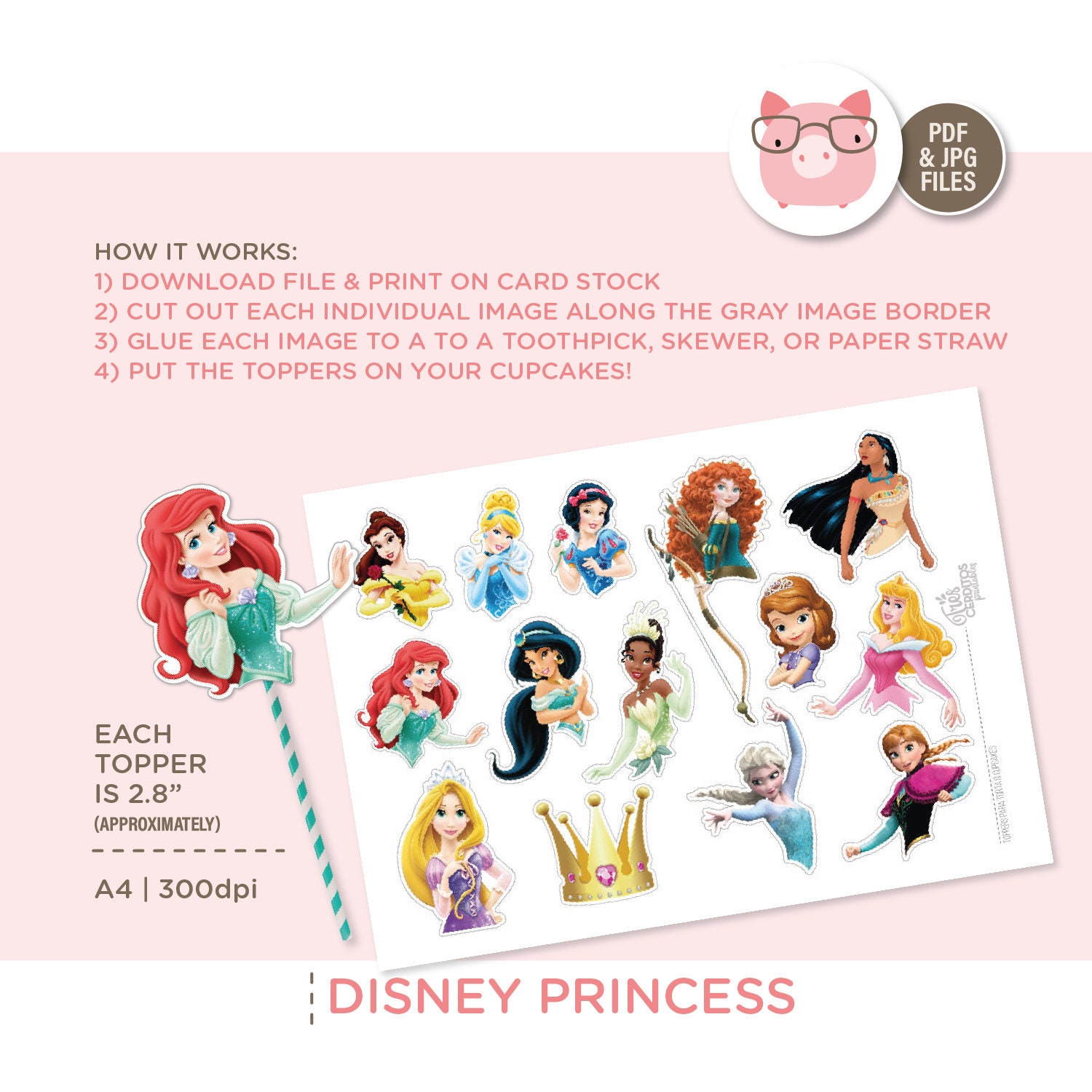 Printable Princess Cupcake Toppers, Digital Download, Princess Cupcakes ...