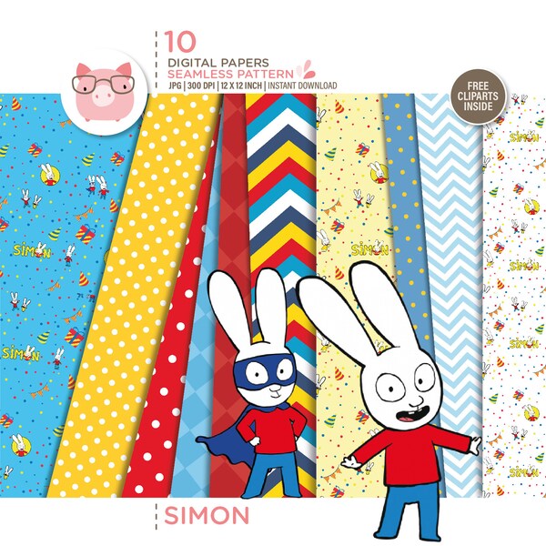 Simon Rabbit 10 Digital Papers & free PNG Clipart, Simon the rabbits Digital Papers, Bunny Hero Scrapbook papers, Digital Instant Download