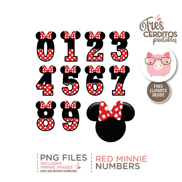 mouse red classic numbers Png letters + images, Mouse numbers Digital, pink dots numbers, png images free, INSTANT download