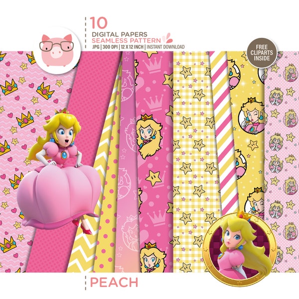 Princess Peach 10 Digital Papers & free PNG Clipart, Mario Princess Digital Papers, girl, Scrapbook papers, Digital Instant Download