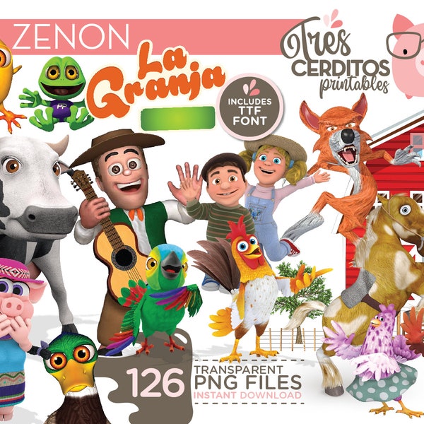 126 Zenon Characters Farm Png Images, The Zenon Printable Digital Farm, Vaca Lola png, customizable name, Zenon ttf font,  INSTANT download