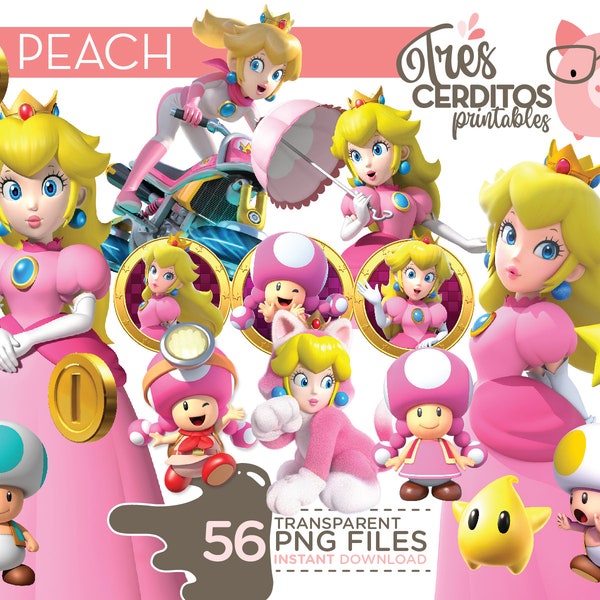 56 Mario Princess PNG, Princess Peach Clipart Bundle, Super Mario Bros PNG Instant Download, Mario Princess shirt, Princess Peach birthday