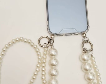 Custodia trasparente con catena di perle per iPhone 12/13/14 con laccio da collo