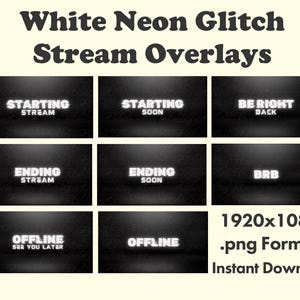 White Neon Glitch Stream Overlays (PNG Digital Download)