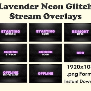 Lavender Neon Glitch Stream Overlays (PNG Digital Download)