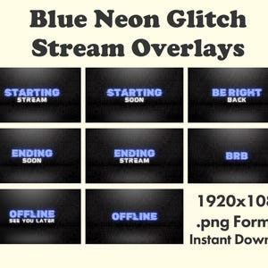 Blue Neon Glitch Stream Overlays (PNG Digital Download)