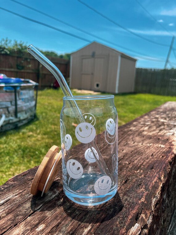 Smiley Face Iced Coffee Glass With Lid and Straw Coffee Etsy