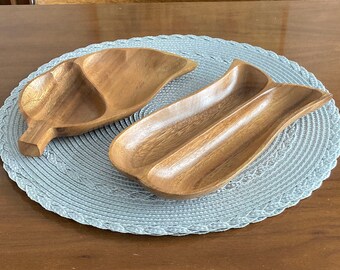 Hand carved wooden trays, two styles, bamboo bowls, artisan made, nut dish, candy dish, home decor, vintage catchall