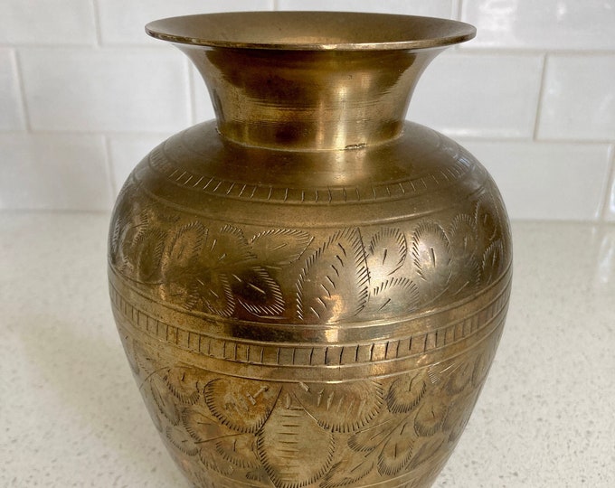 Vintage Solid Brass Vase, Made in India, Hand Tooled Leaf Motif