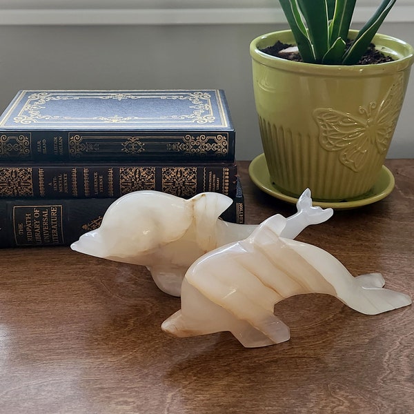 Pair of hand carved onyx marble dolphin figurines, natural stone, set of two, home decor, interior decorating
