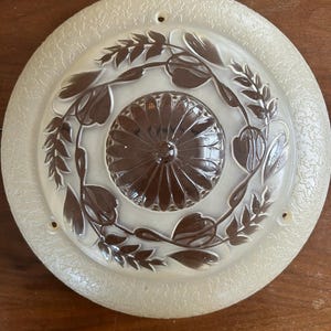 1950s glass shade for ceiling fixture, clear and beige glass, three hole, art deco, floral motif, lighting, glass shade only, no fixture