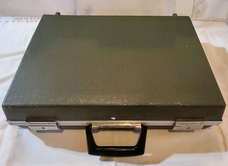 Vintage Hardshell Briefcase, 1970s Attaché Case, Green Molded Plastic