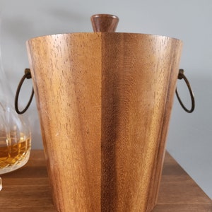 1960s MCM wooden ice bucket, gold tone handles, aluminum lining, Madmen office accessory, midcentury, bar accessories, teak, barware, retro