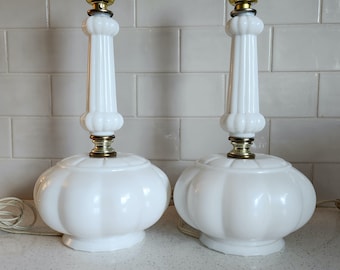 Hollywood Regency milk glass table lamps, pair of lamps, no shades, 1950s, MCM, vintage, retro, home decor, interior decorating, farmhouse