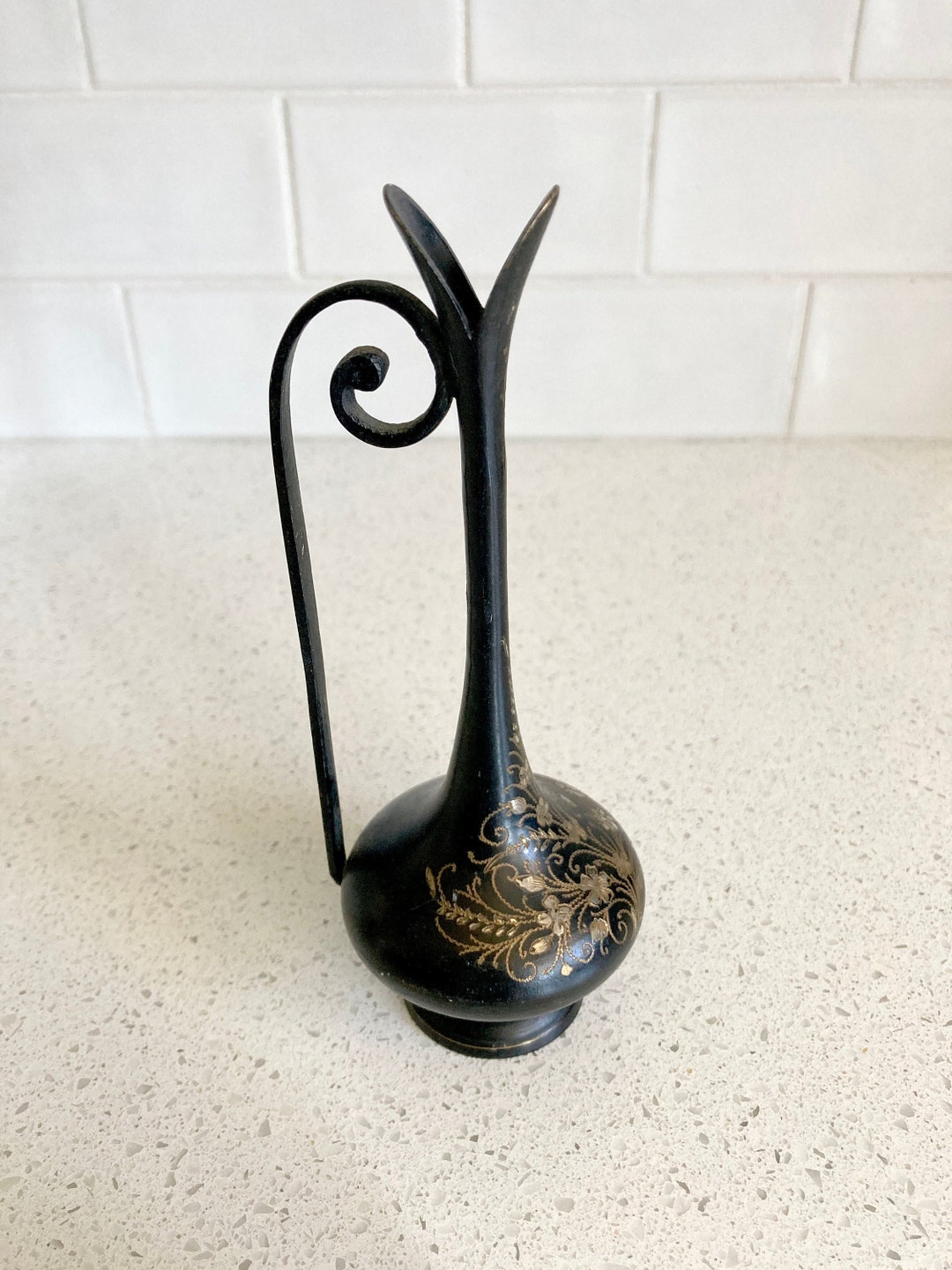 Black and Gold Bud Vase Etched Brass Made in India Etsy