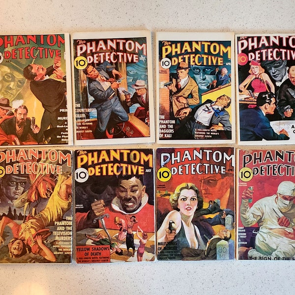 Phantom Detective Pulp Reprints, lot de huit petits magazines, réimpressions de James Hanos, vintage, rétro, histoires policières, fiction, roman graphique