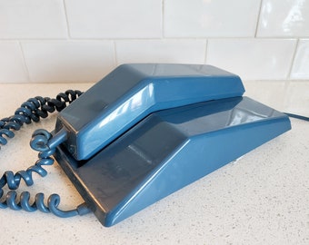 1970 blue rotary dial phone, Northern Electric, vintage, retro, midcentury, iconic phone, home decor, interior decorating, landline