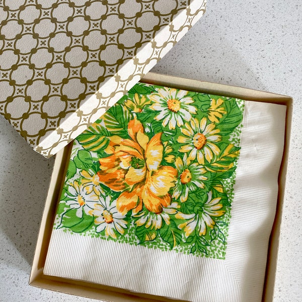 Serviettes du milieu du siècle dans leur boîte d'origine, serviettes, serviettes en papier rétro, 9 serviettes à fleurs, mcm, rétro, vintage