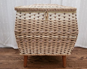 1970s woven sewing basket, with handle and wooden legs, satin lined interior, mcm, midcentury, sewing room, decor