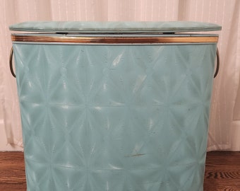 1950s turquoise laundry hamper, with gold tone accents, padded vinyl lid, metal, mcm, midcentury, laundry in style, laundry storage, vintage