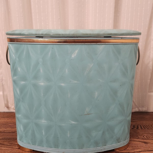 1950s turquoise laundry hamper, with gold tone accents, padded vinyl lid, metal, mcm, midcentury, laundry in style, laundry storage, vintage