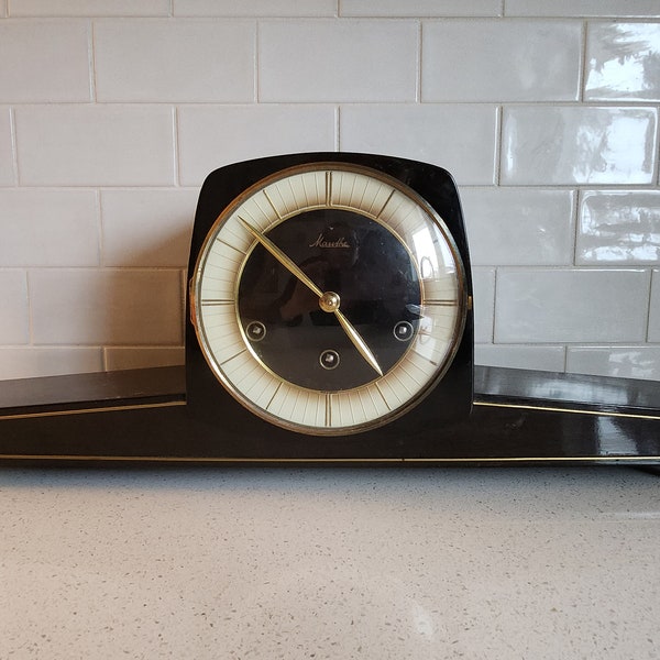 Art Deco Mauthe mantle clock, made in Germany, walnut, 8-day key wound, 4/4 chime, vintage, home decor, interior decorating