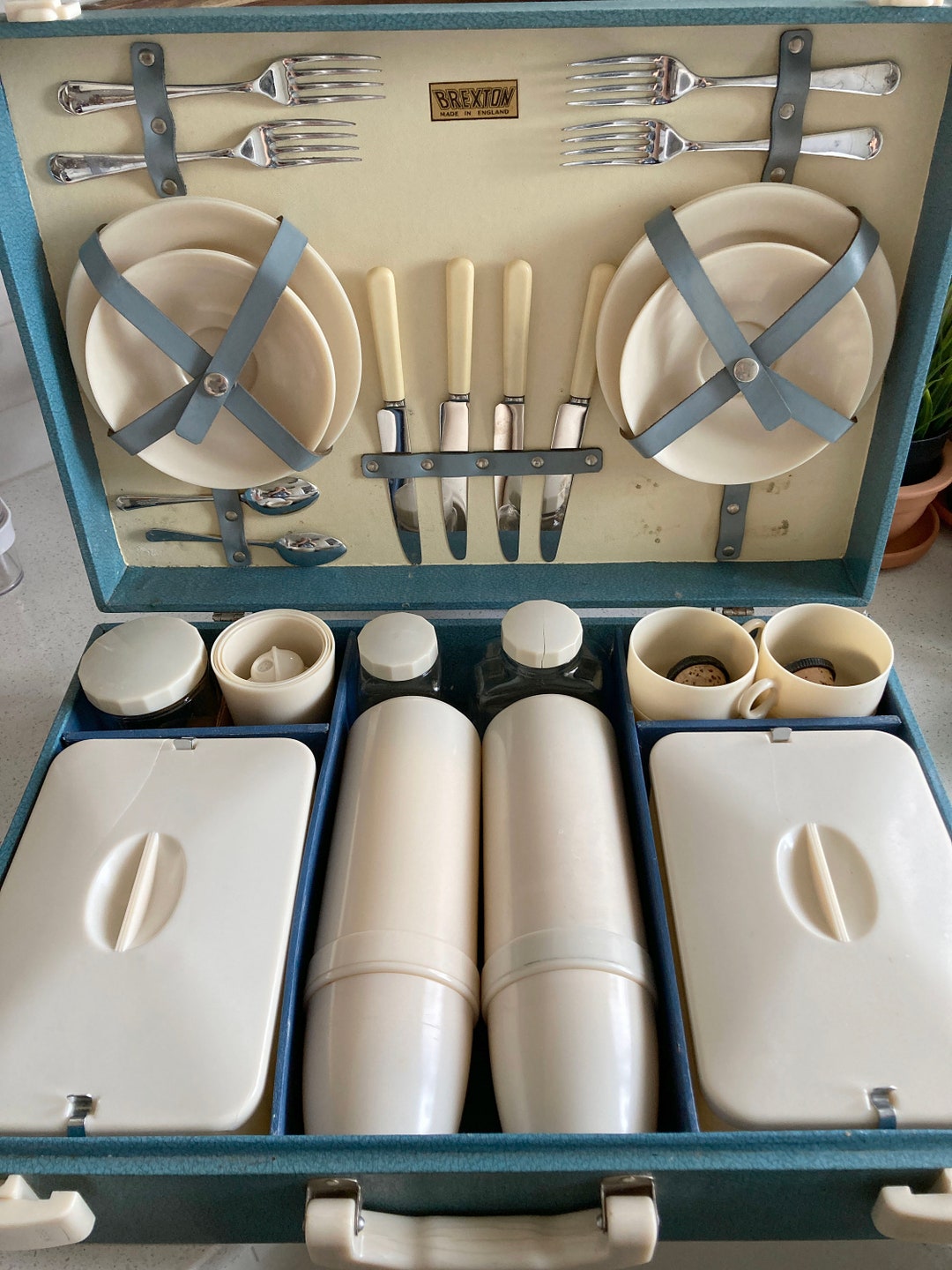 1950s Brexton Picnic Basket Set, Unique, Service for Four, Stamped