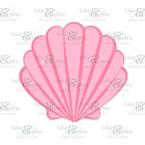 May include: A pink seashell cookie cutter with a detailed, ribbed design.