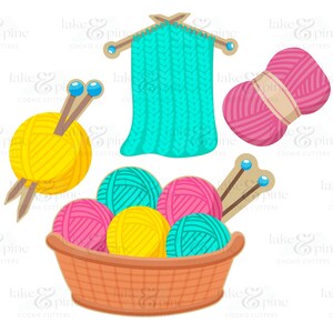 May include: A set of colorful yarn balls, knitting needles, and a knitted scarf in a brown wicker basket. The yarn balls are pink, yellow, and blue. The knitting needles are wooden with blue tips. The scarf is turquoise.