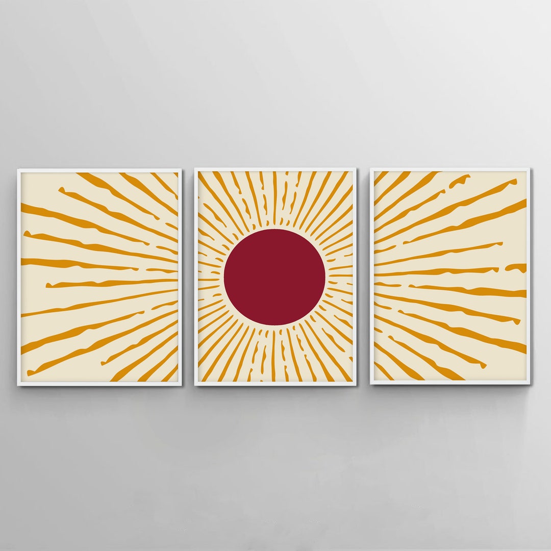 Sun Beam Art, 3 Piece Wall Art Sun Rays Prints, Mid Century Modern